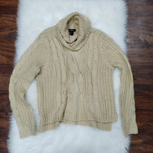 Forever 21 Cable Knit Cowl Neck Sweater Beige Cropped M/L - Picture 2 of 8